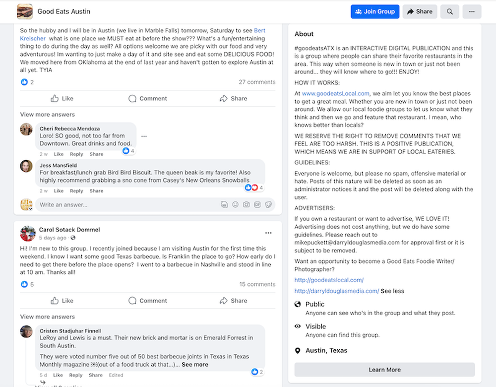Facebook group about good restaurants in Austin