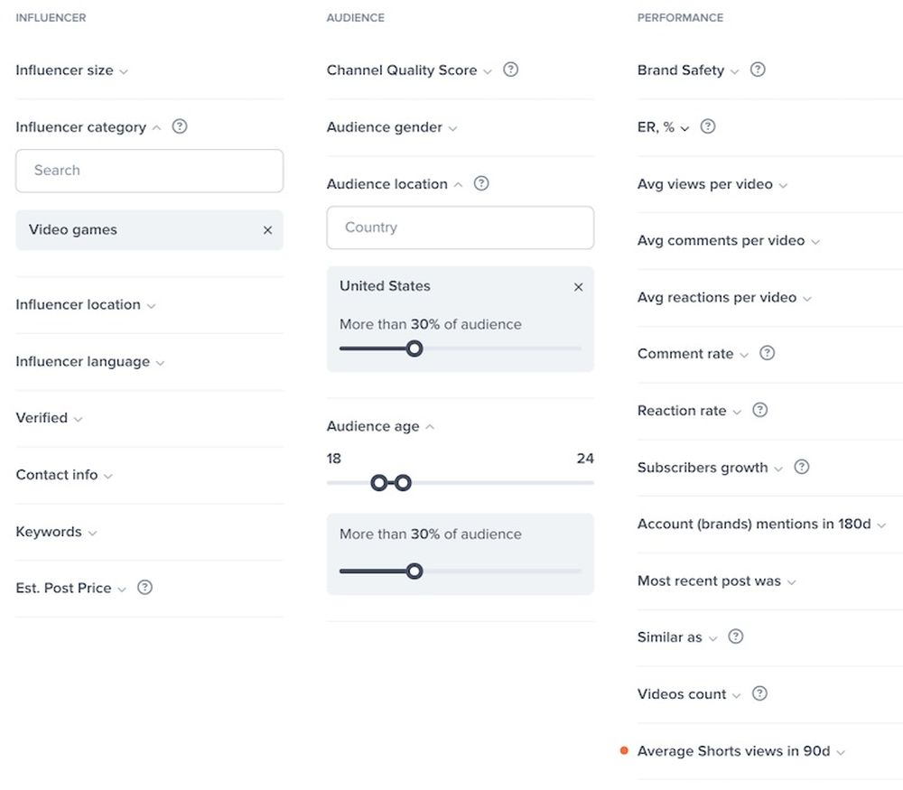 Advanced filters in the HypeAuditor Discover tool