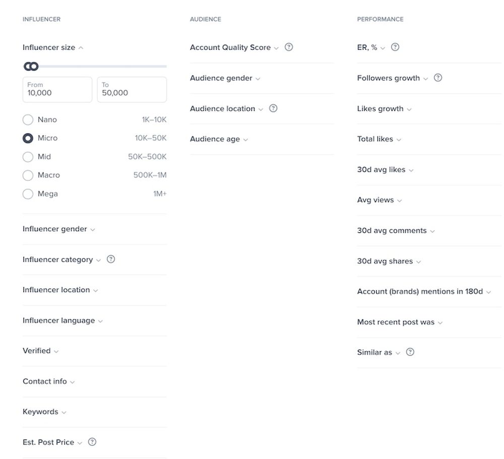 Find micro-influencers by platform, size and other data with filters