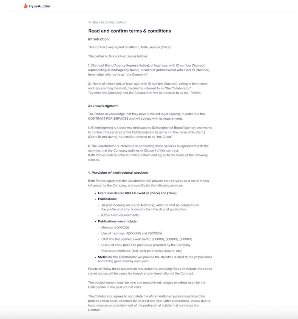 HypeAuditor provides a contract sample within the platform