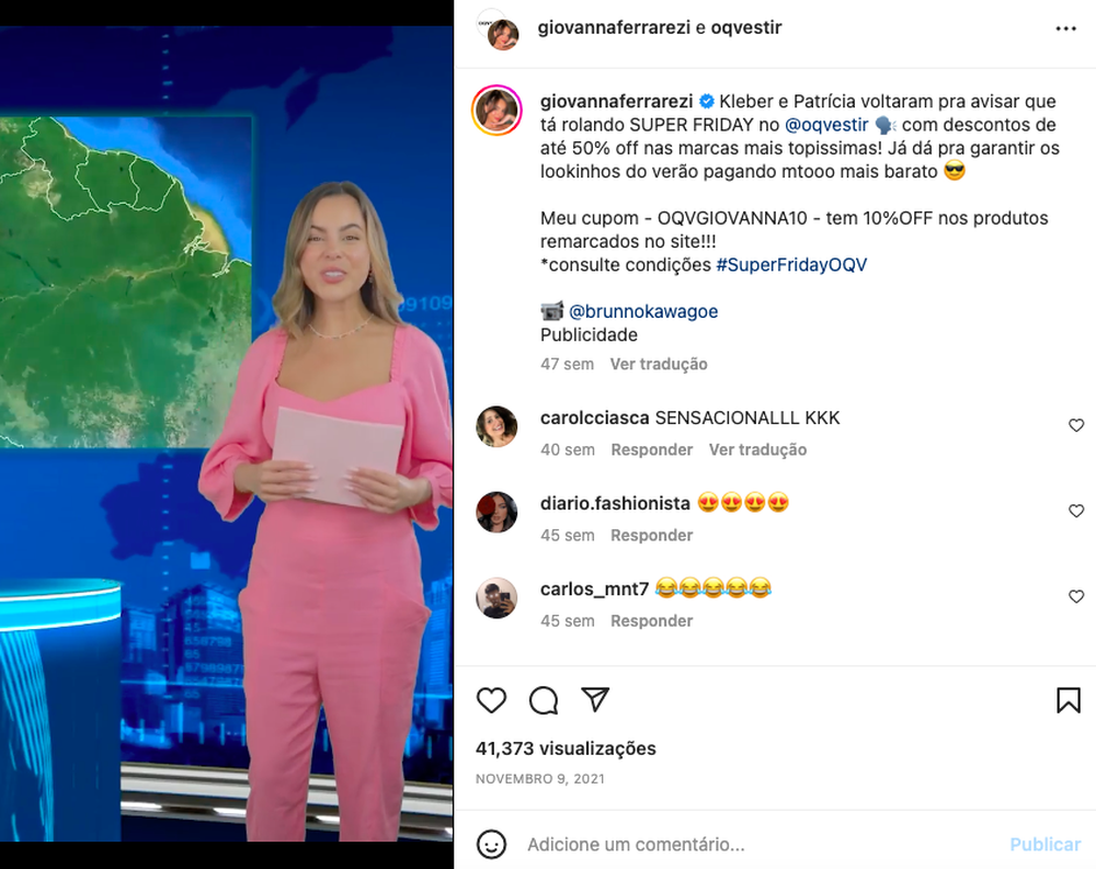 A influenciadora Giovanna Ferrarezi em campanha de black friday com Oqvestir
