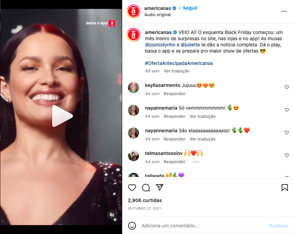 A influenciadora Juliette em campanha de black friday com as Americanas