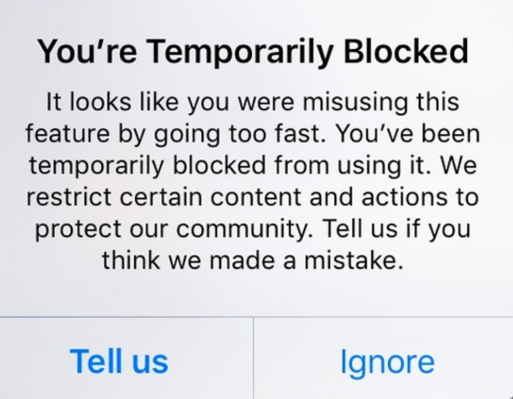 A screenshot of an Instagram user's account got temporarily blocked by the platform.