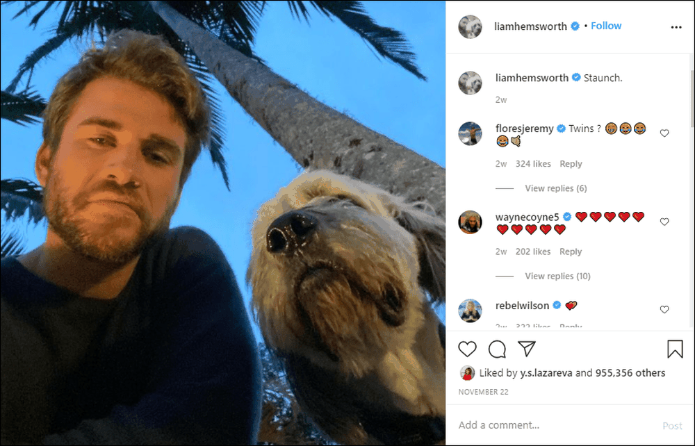 Liam Hemsworth's Instagram page