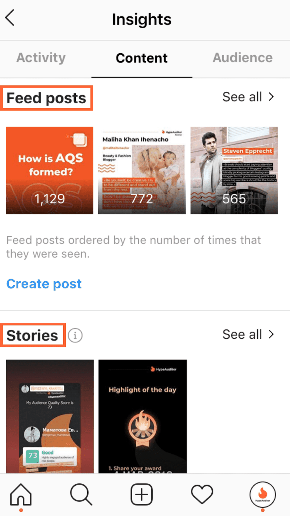 Instagram Insights Content tab