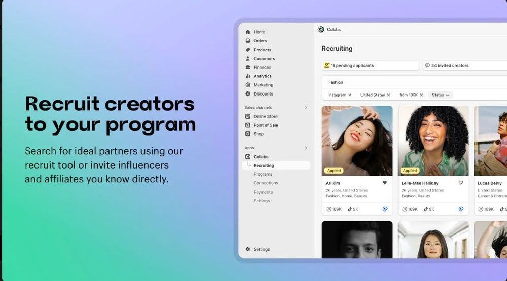 Shopify Collabs homepage screenshot, a tool for managing TikTok affiliate marketing partnerships.