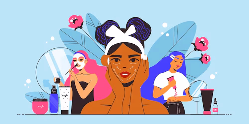 A vector image of girls applying beauty and skin care products