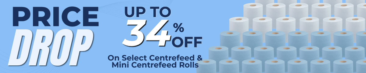 Blue promotional banner featuring "Price Drop" text with up to 34% off on select centrefeed and mini centrefeed rolls. Rolls are shown on the right.