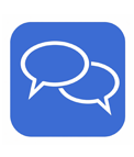 Icon with two overlapping speech bubbles in white on a blue square background, representing communication or messaging.