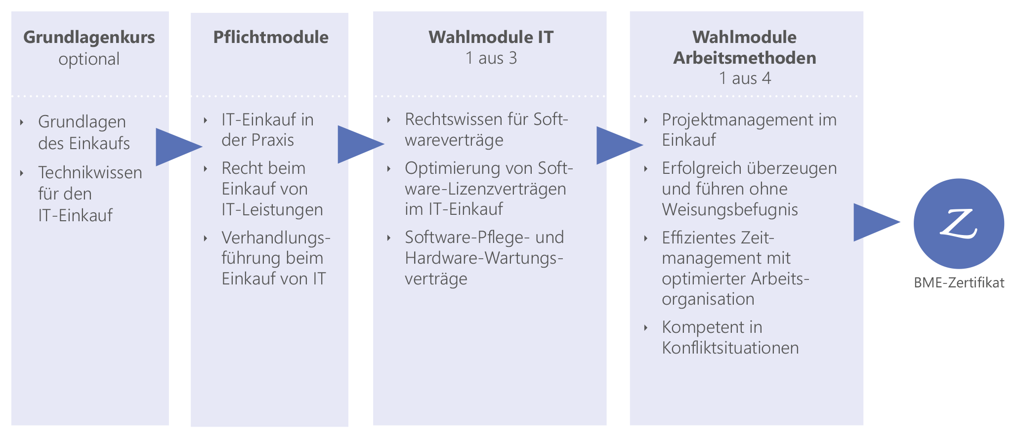 Übersicht Pflicht- und Wahlmodule des Curriculums Professioneller IT-Einkauf