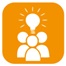 Icon with three silhouettes and a light bulb above them on an orange background, symbolizing collaboration and ideas.
