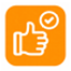 Orange icon featuring a thumbs-up and a check mark in a circle, symbolizing approval or satisfaction.