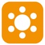 Orange icon of a large central circle with five smaller circles around it, resembling a stylized flower or a meeting concept.