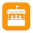 Icon of a market stall with three figures under a roof, on an orange background.
