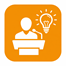 Icon of a person at a lectern with a microphone, symbolizing speaking or presenting, next to a light bulb representing an idea, on an orange background.