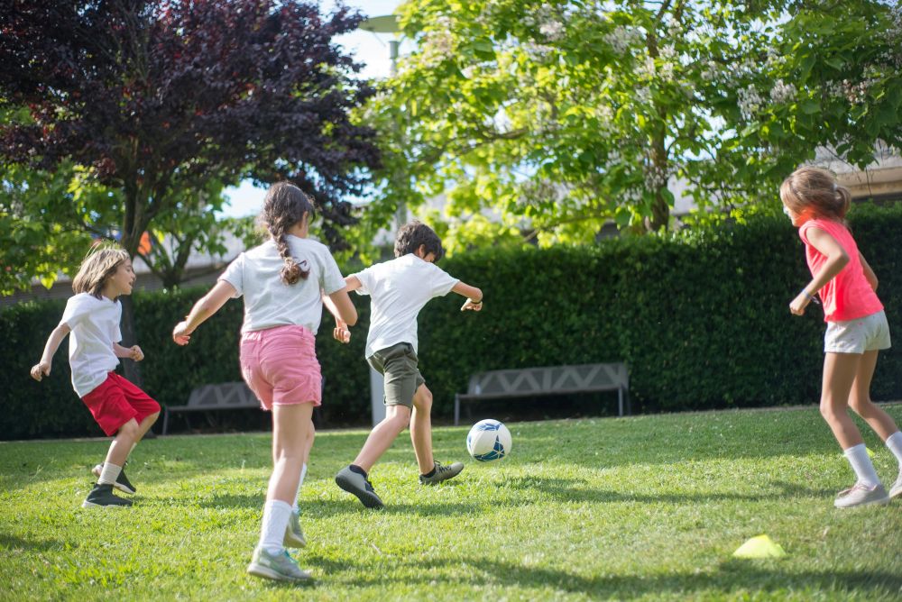 Four children playing soccer energetically on a grassy field, surrounded by green trees and sunshine.