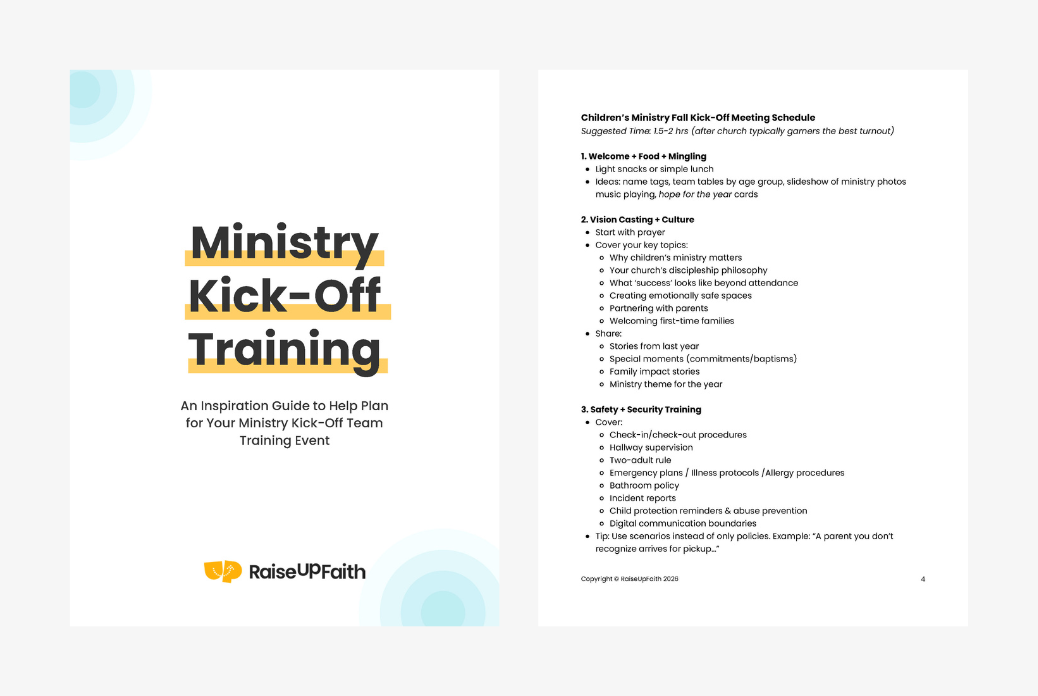 Cover and page of a guide titled "Ministry Kick-Off Training," detailing a children's ministry meeting schedule with topics and tips.