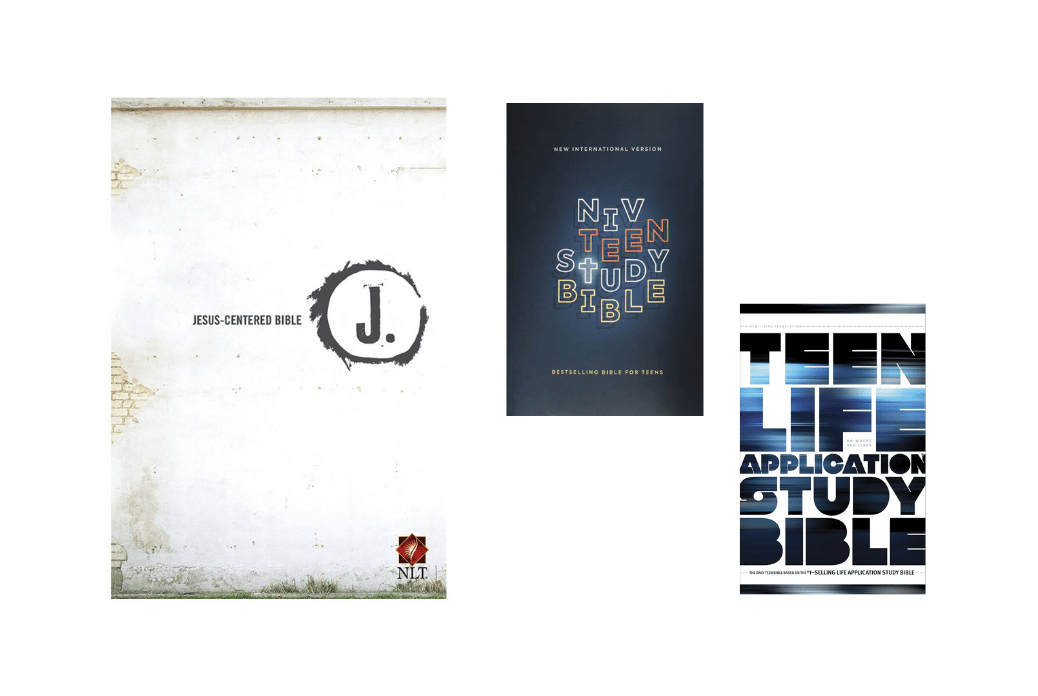 Top Bibles for Older Elementary Three Bible covers: "Jesus-Centered Bible," "NIV Teen Study Bible," and "Teen Life Application Study Bible," each with distinct designs.