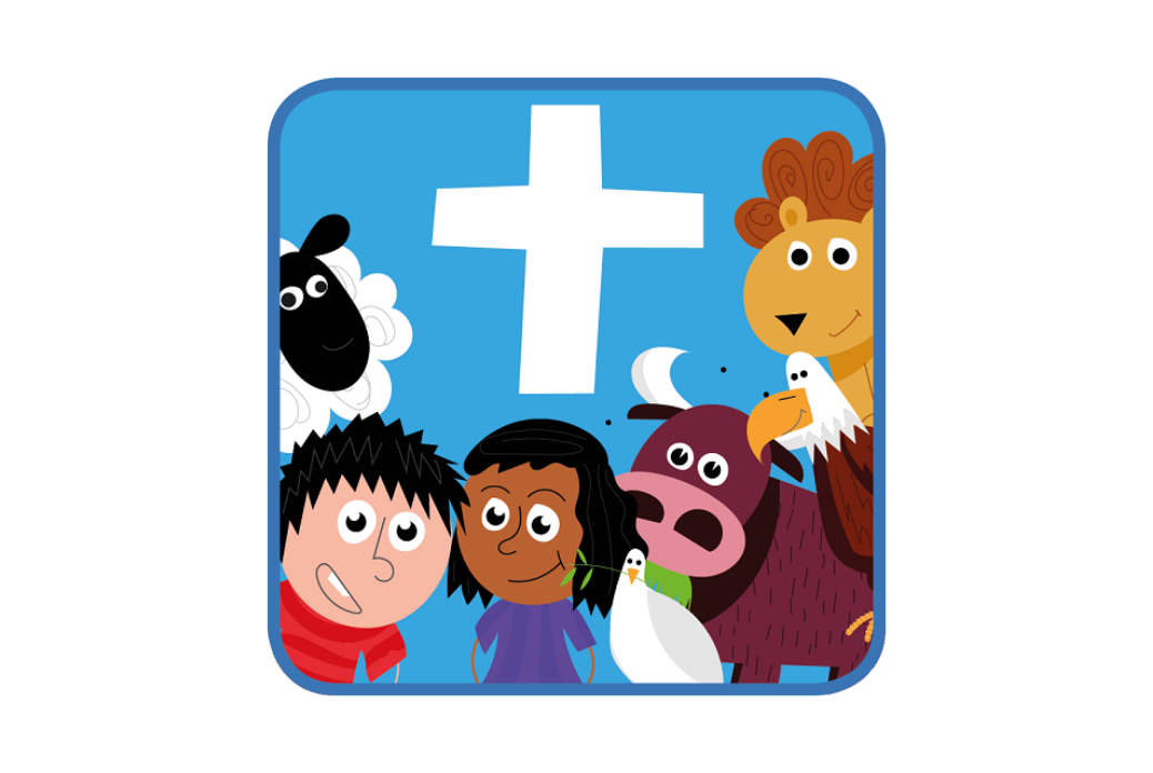 Cartoon children and animals, including a sheep, lion, cow, and dove, gather under a white cross on a blue background.