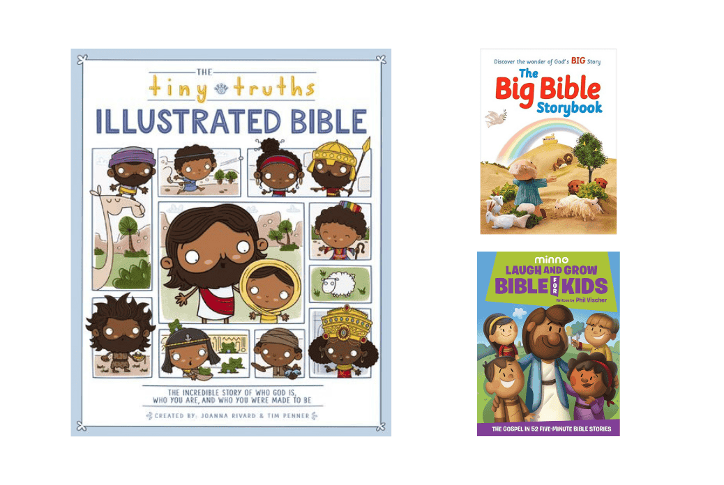 Top Bibles for Preschool Three children's Bible storybooks with colorful illustrations on the covers, featuring diverse characters and playful designs.