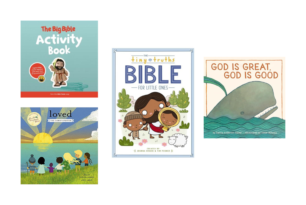 Four children's books with Christian themes. Covers include illustrations of children, animals, and religious symbols in a colorful style.