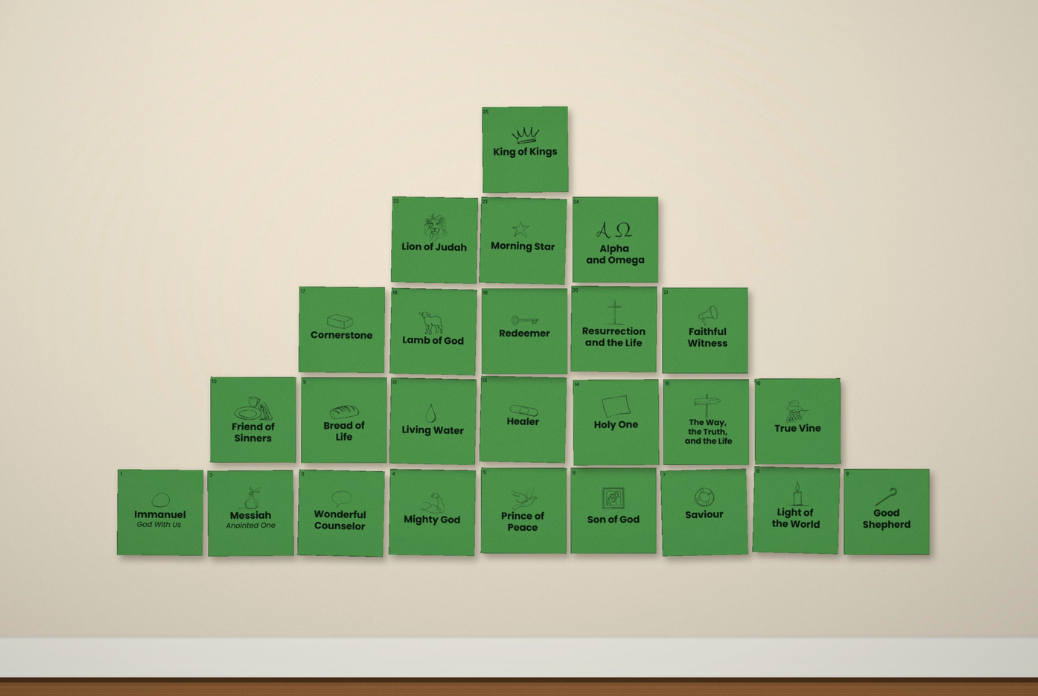A tree shaped made up of green cards on a wall, each labeled with different titles and symbols associated with the names of Jesus..