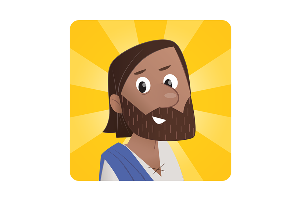 Cartoon Jesus with a blue sash, smiling against a yellow, radiating background.