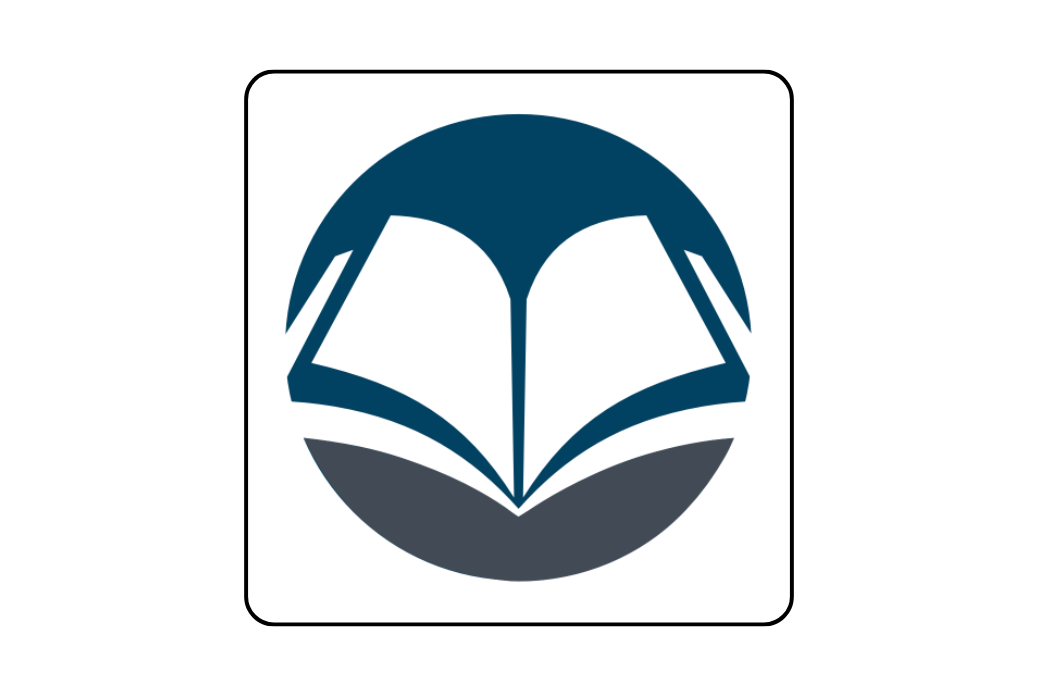 Stylized logo of an open bible inside a circle, with blue and gray shades, on a white background.