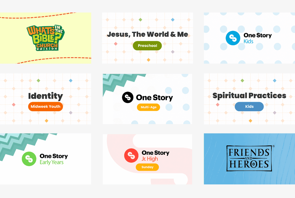 Grid of new plan tiles, including "What's in the Bible?" and "Identity Midweek Youth," with colorful backgrounds and categories.