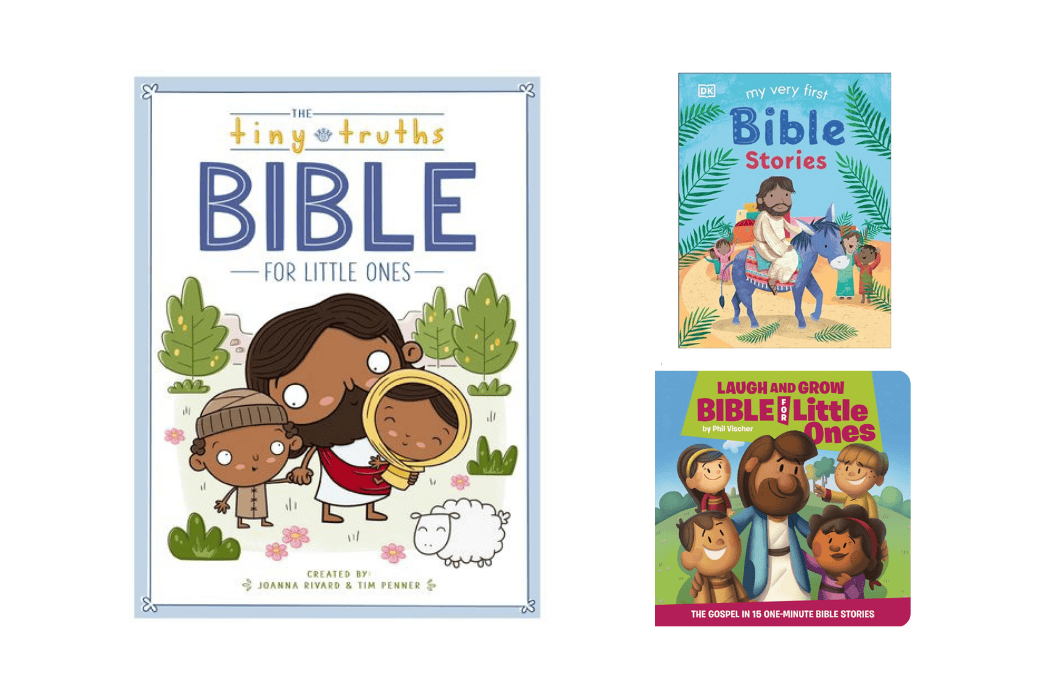Top Bibles for Toddlers Three children's Bible storybook covers featuring diverse illustrations of kids and animals, with titles emphasizing stories for young readers.