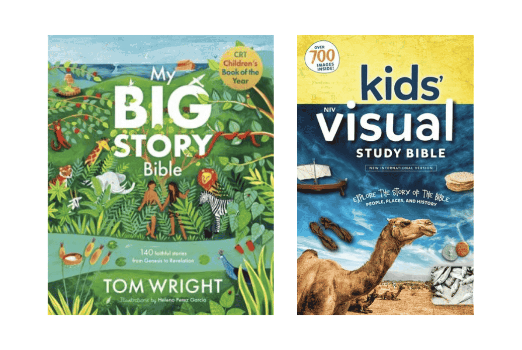 Top Bibles for Middle Elementary Two Bible books: "My Big Story Bible" with colorful illustrations, and "Kids' Visual Study Bible" featuring a desert scene with a camel.