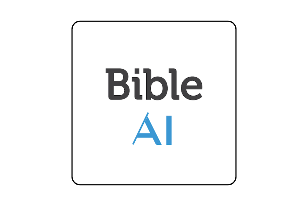 "Bible AI" text logo with "Bible" in black and "AI" in blue, centered on a white background with a thin black border.
