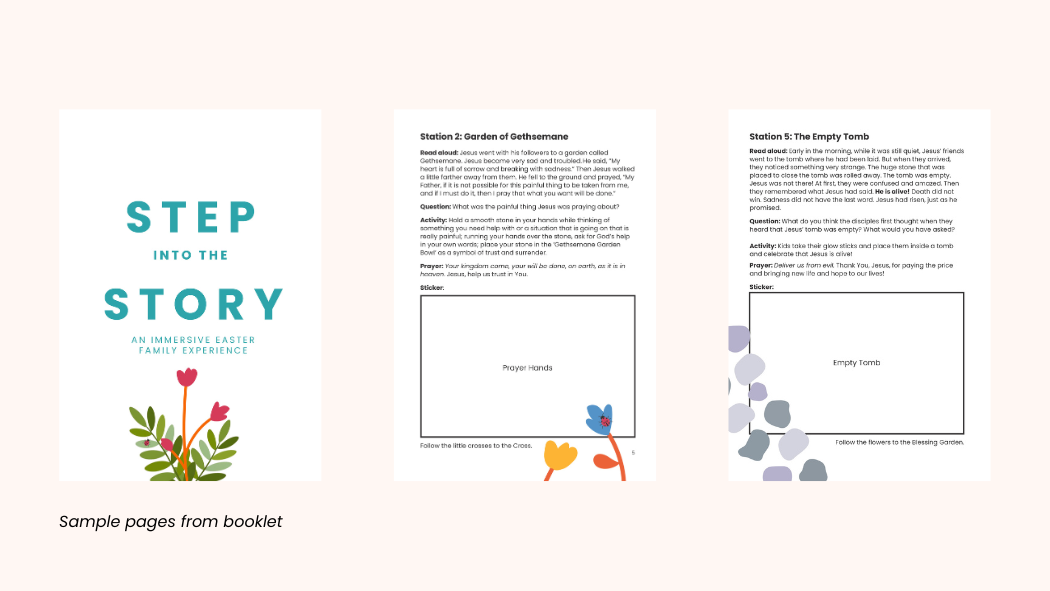 Three pages from a booklet titled "Step Into the Story" with floral graphics and text about Easter-themed activities.