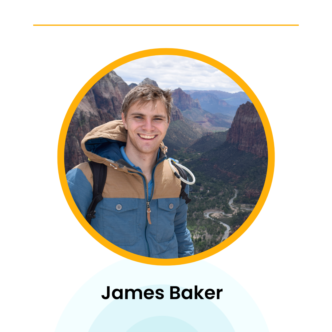 A smiling person in a blue and tan jacket stands with a scenic mountainous background, framed in a circular yellow border.