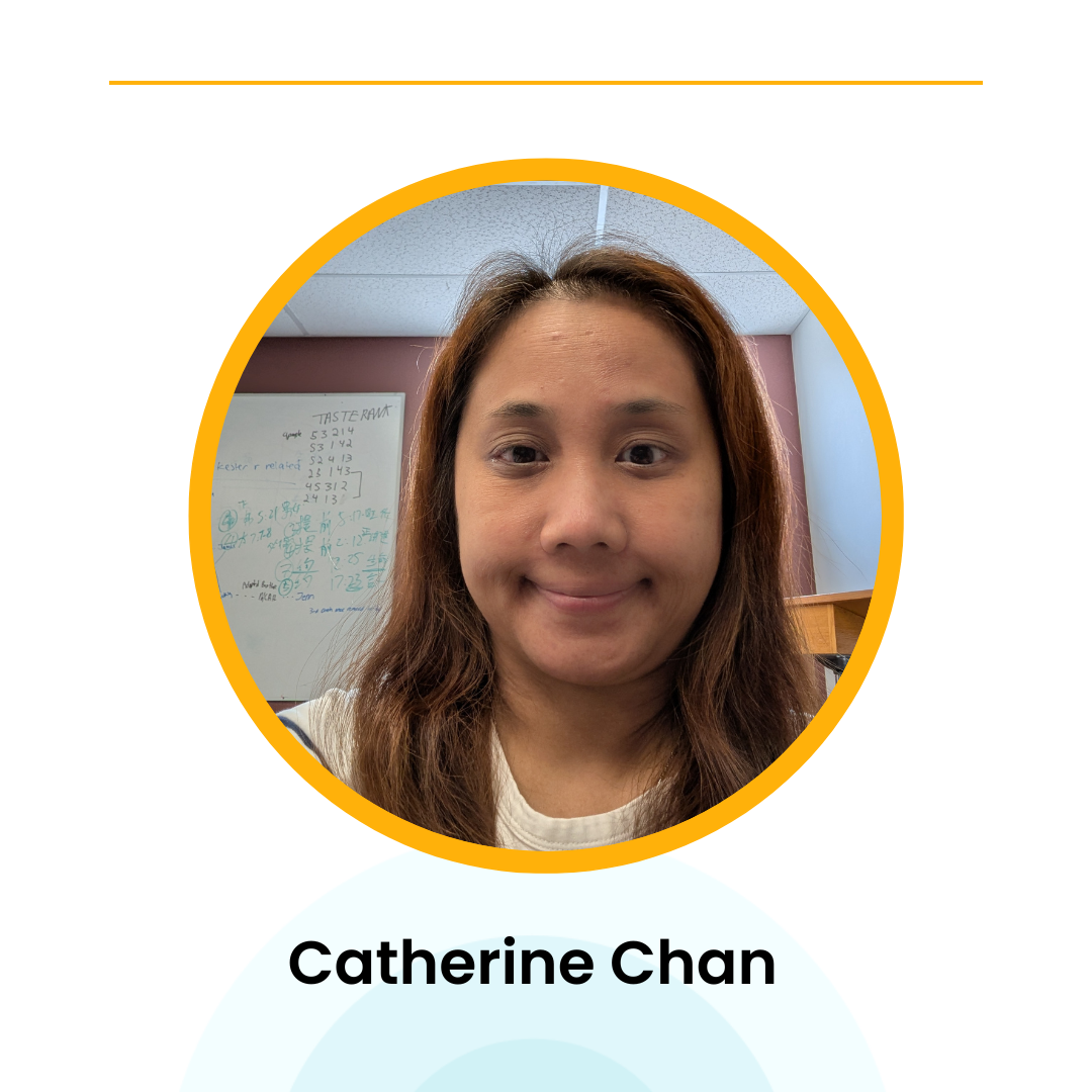 Person with long hair smiling in an office with a whiteboard background, enclosed in a yellow circle, labeled "Catherine Chan."