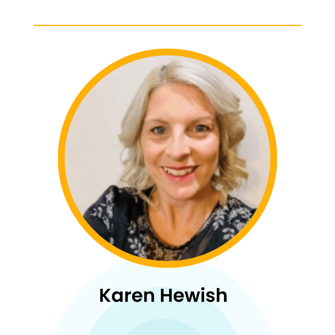 Smiling woman with short, wavy blonde hair in a black patterned top, framed by a circular yellow border.