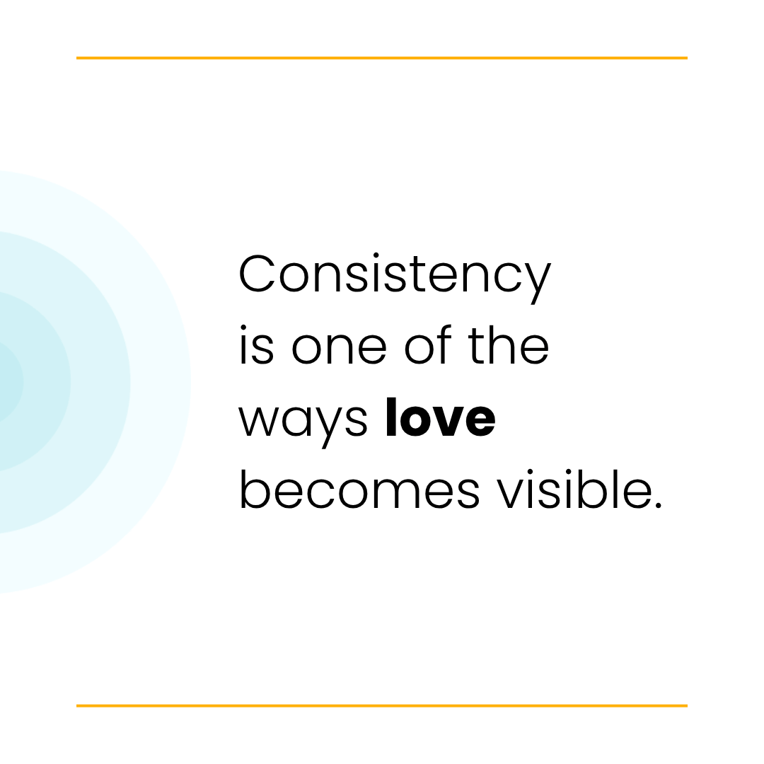 Text reads: "Consistency is one of the ways love becomes visible." Background features light blue circles.
