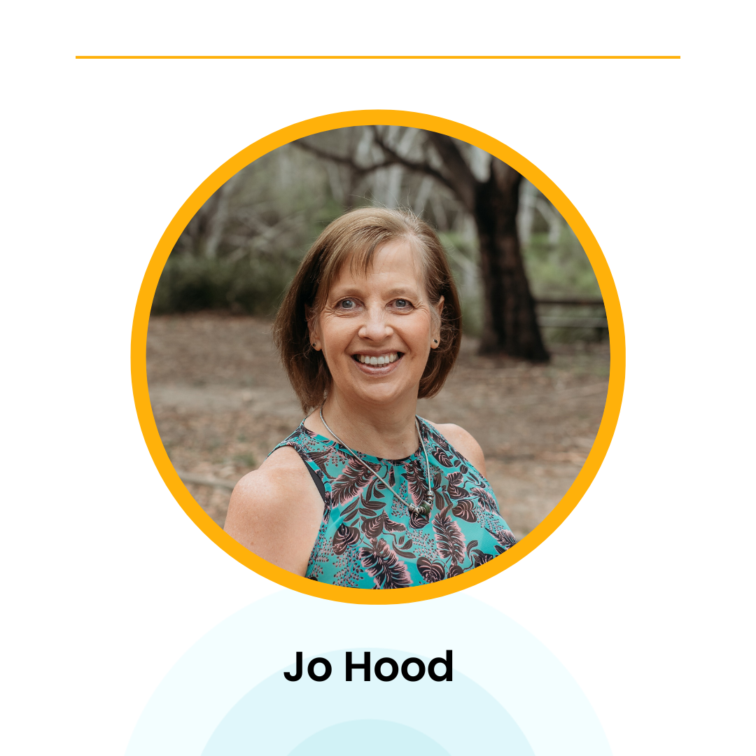 Smiling woman in a sleeveless floral top, standing outdoors. Name below: Jo Hood. Circular frame with yellow border.