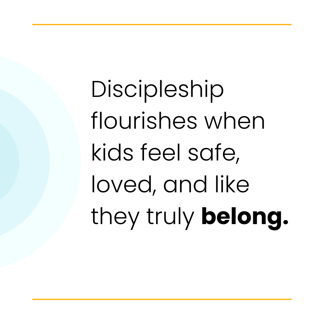 Text on a white background: "Discipleship flourishes when kids feel safe, loved, and like they truly belong."
