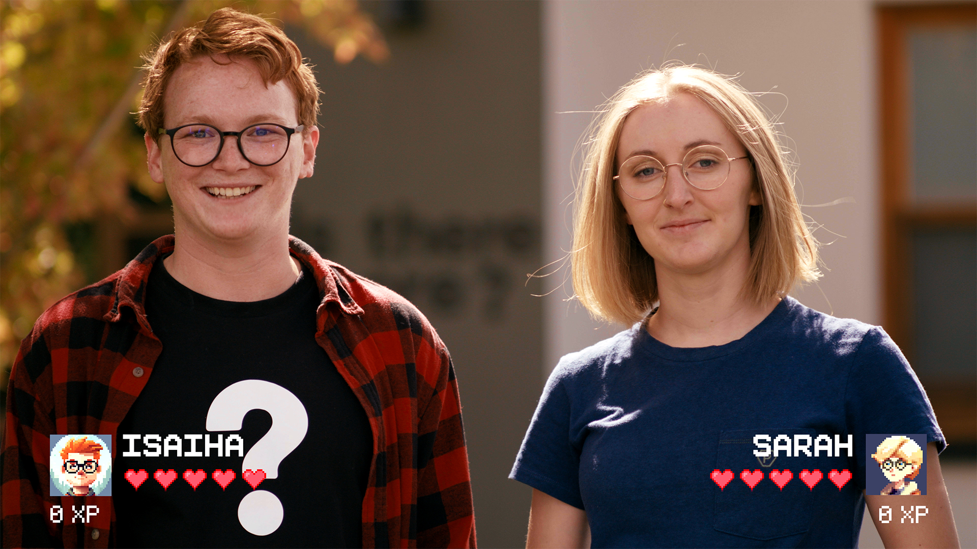 Two people smile outdoors, with digital avatars and game-like stats displayed: "ISAIHA" and "SARAH" have 0 XP and full hearts.