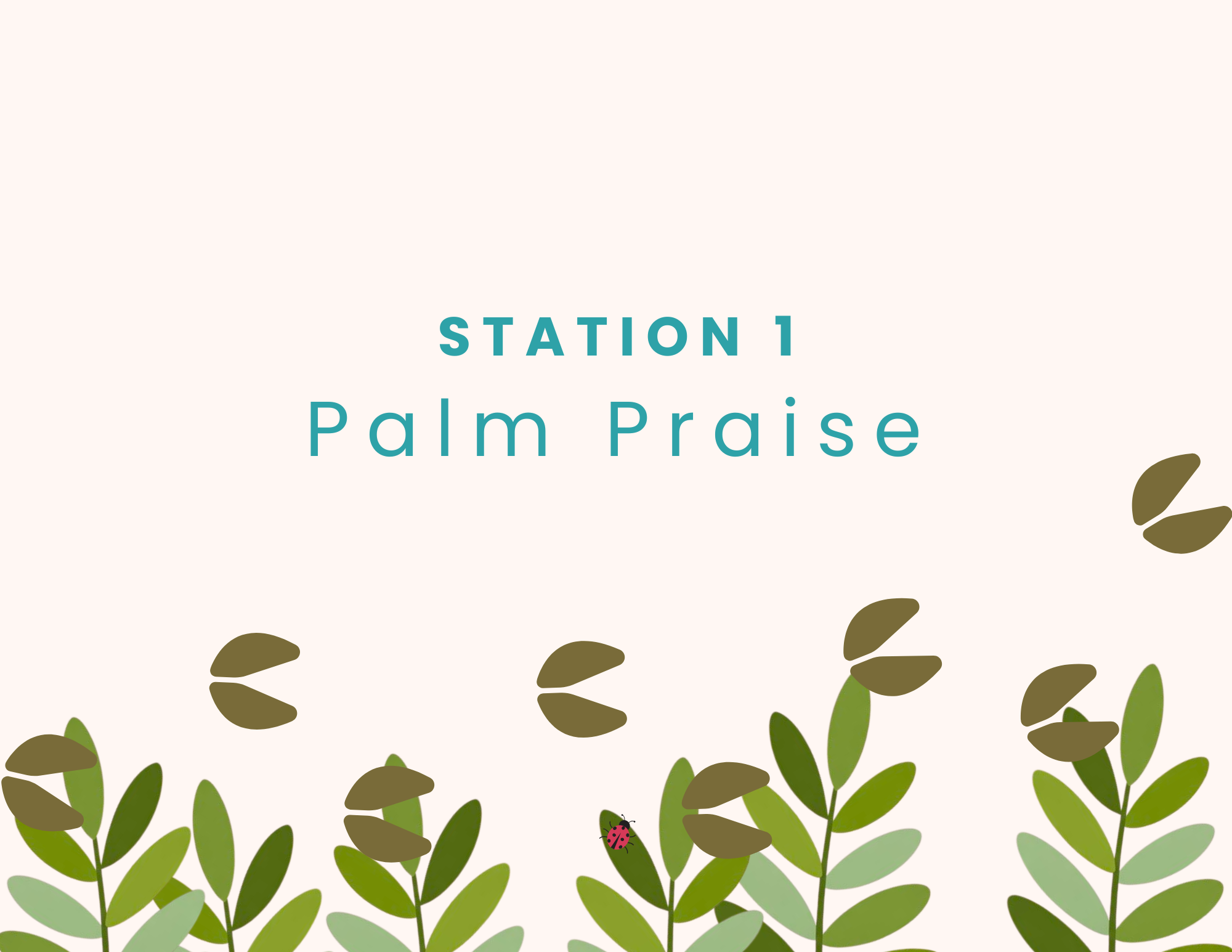 Illustrated leaves and seeds with the text "Station 1 Palm Praise" on a light background.