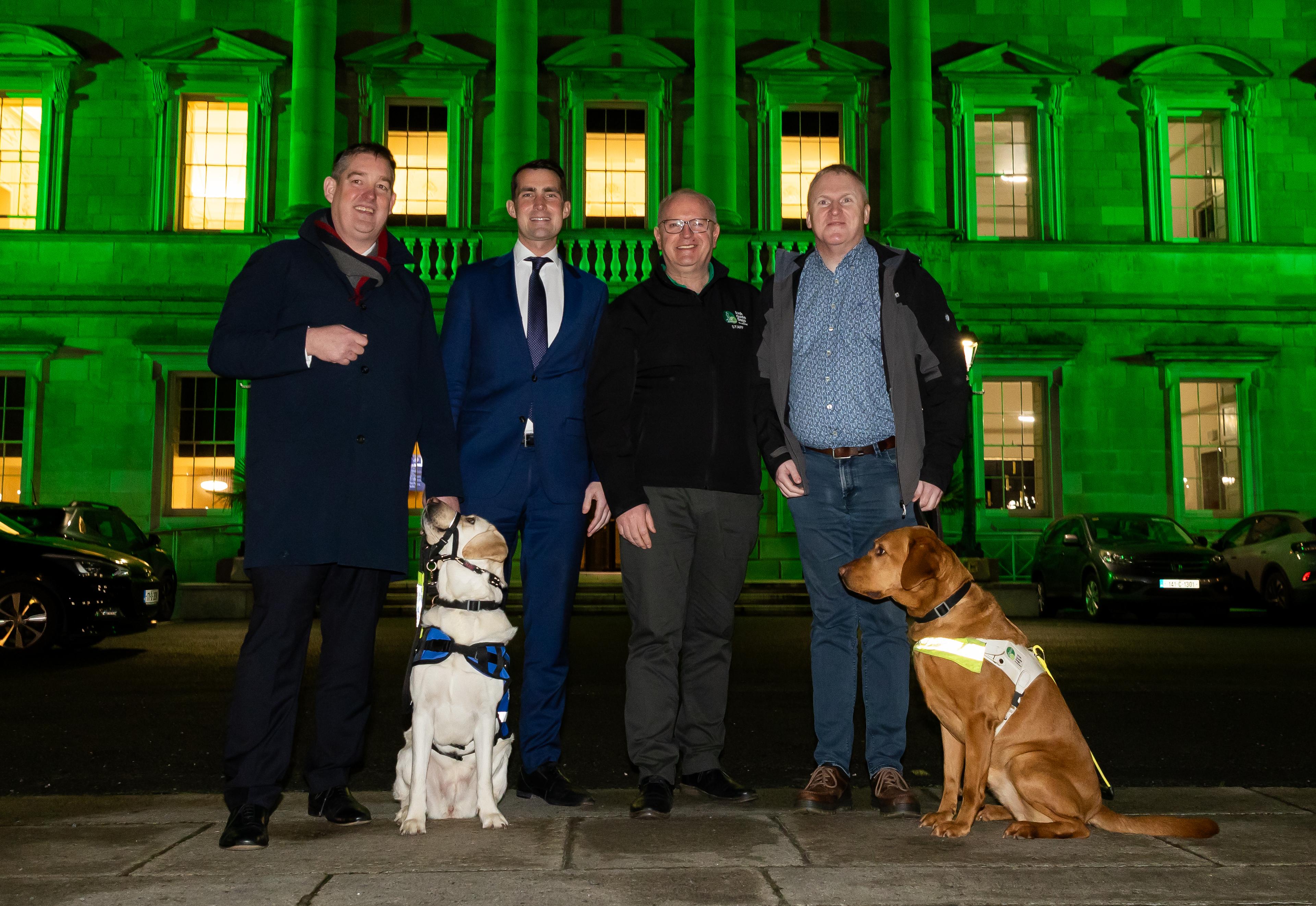 Group photo standing in front of Leinster House which is lit green