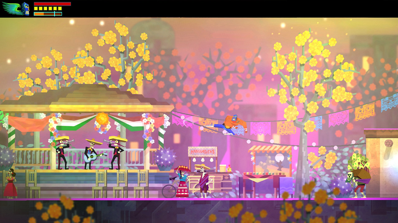 Juan jumps near a gazebo with skeletal musicians, colorful flags and flowering trees in Guacamelee! STCE