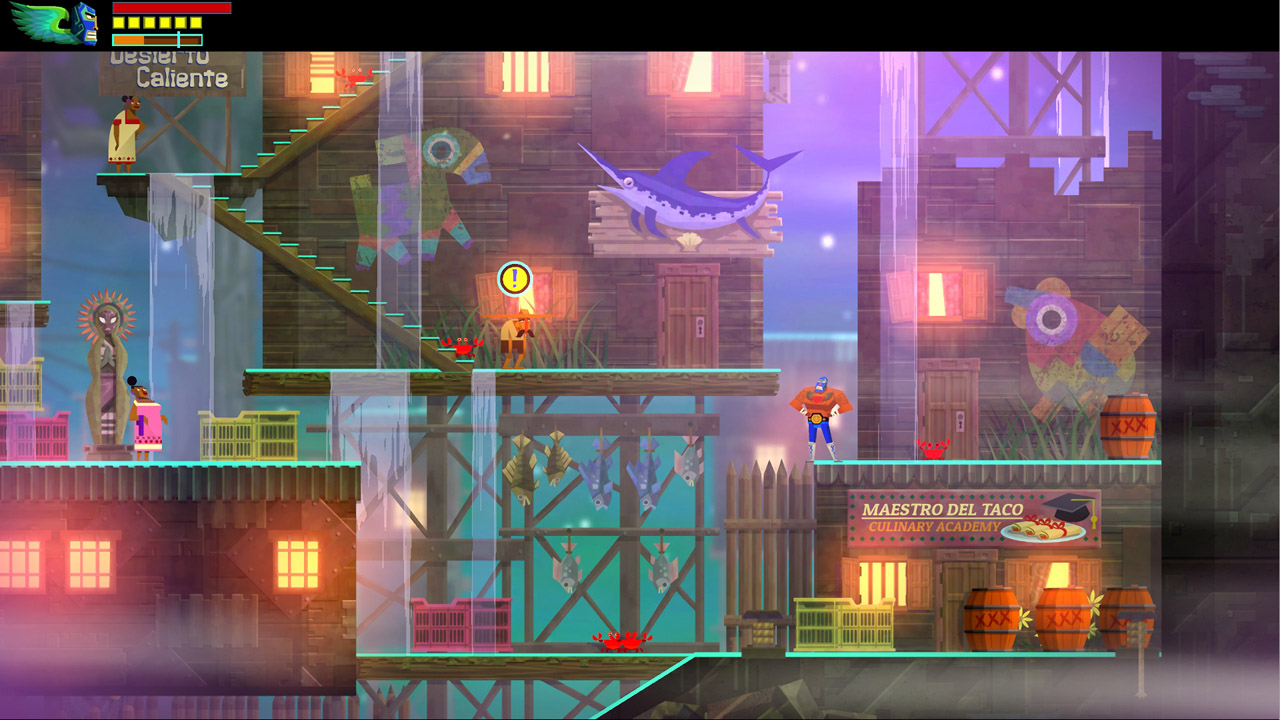 Juan stands among stacked platforms, stairs, crates and fish decorations inside a building in Guacamelee! STCE