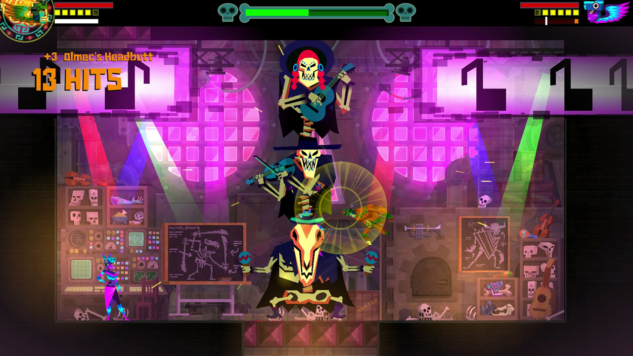 Two-player HUDs frame a fight against stacked skeletal musicians under purple lighting in Guacamelee! STCE