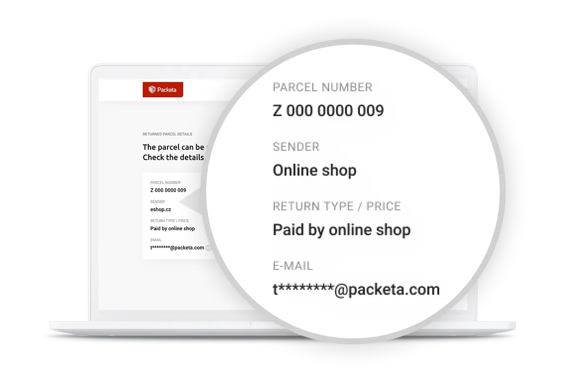Laptop screen displaying a blurred email with a magnified view showing a parcel number, sender as Online shop, and partially obscured email address.