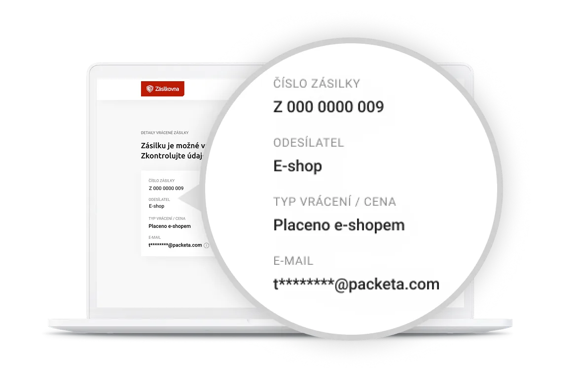 Obrazovka notebooku zobrazující rozmazaný e-mail se zvětšeným výřezem, který ukazuje číslo zásilky, odesílatele E-shop a částečně zakrytou e-mailovou adresu.