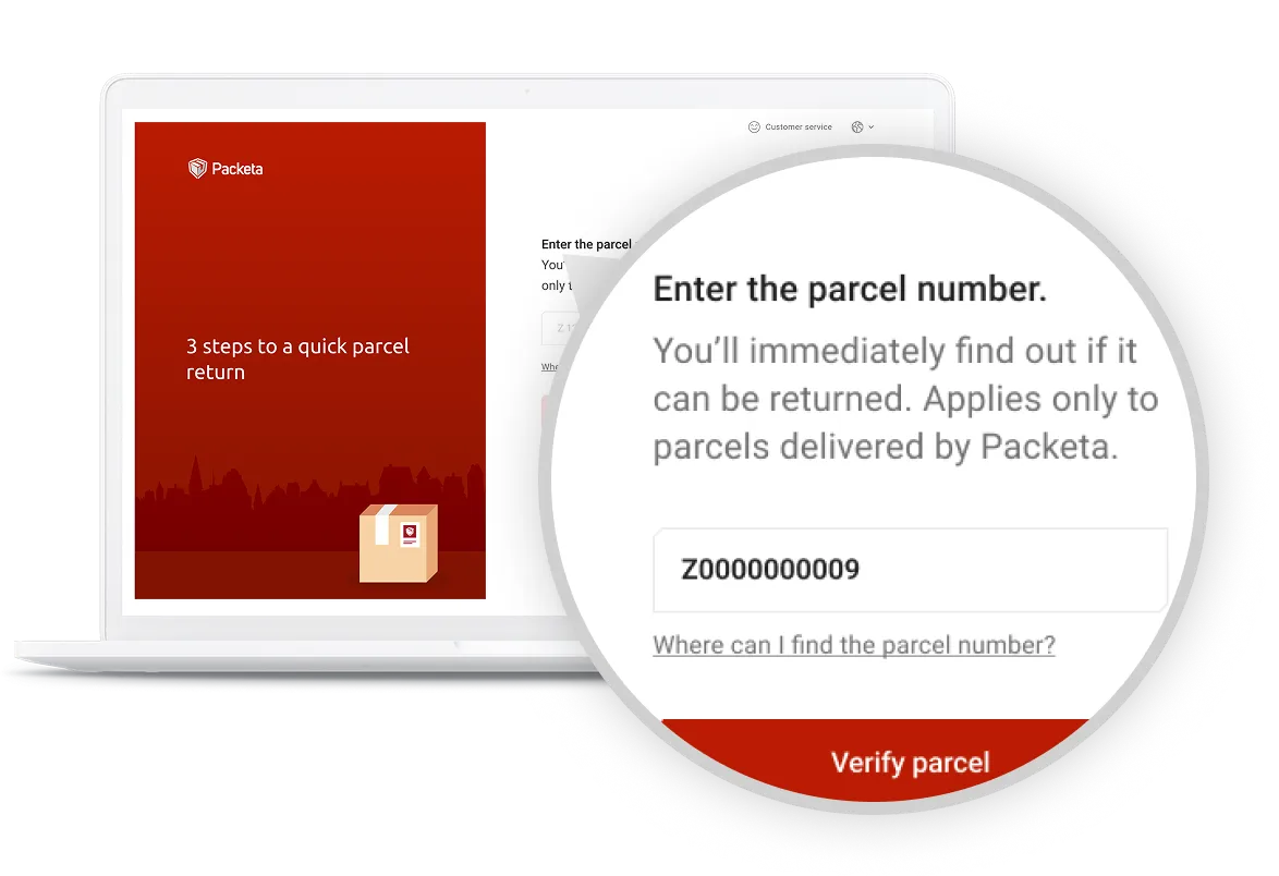 Laptop screen showing a parcel return website. A magnified section highlights a text box for entering a parcel number.