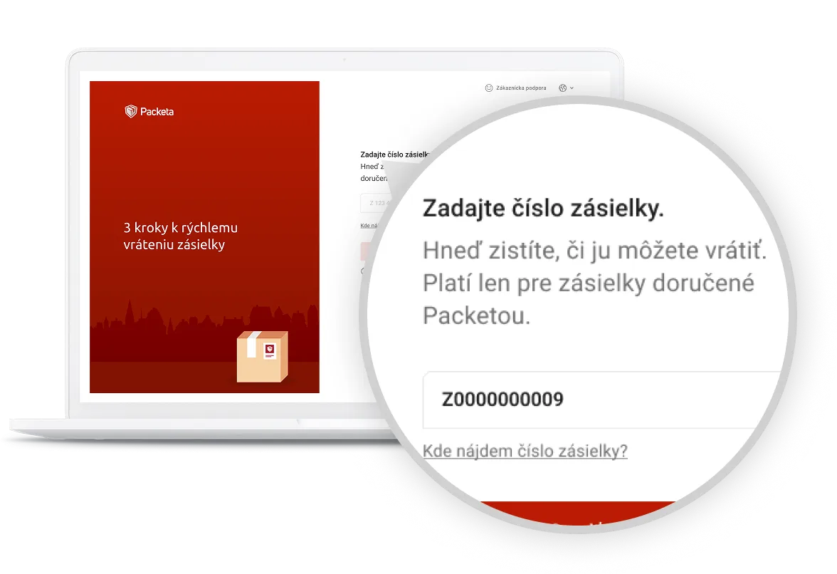 Obrazovka notebooku zobrazujúca webovú stránku na vrátenie zásielok. Zvýraznená časť ukazuje textové pole na zadanie čísla zásielky.