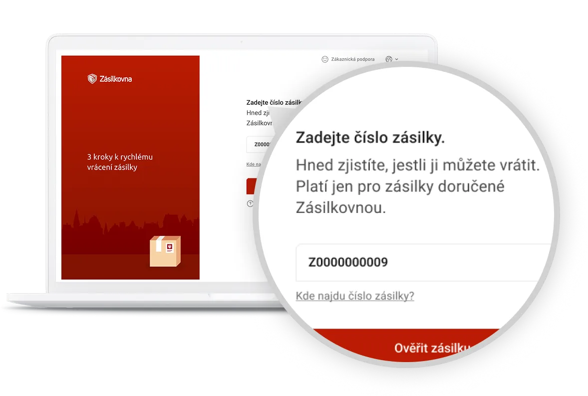 Obrazovka notebooku zobrazující web pro vrácení zásilek. Zvýrazněná část ukazuje textové pole pro zadání čísla zásilky.